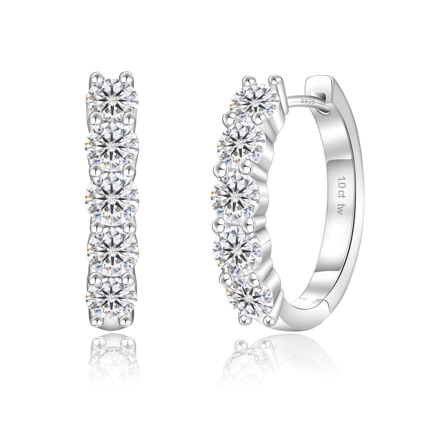 Silver hoop moissanite earrings with clear gemstones on a white background