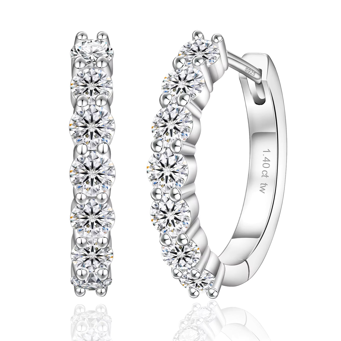 Pair of silver moissanite hoop earrings with clear gemstones on a white background